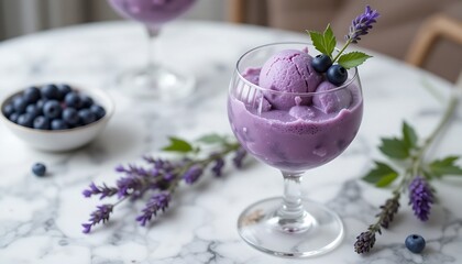 A delicate blueberry lavender sorbet served in an elegant stemless wine glass, garnished with fresh blueberries and a sprig of lavender. Set on a marble-topped bistro table."