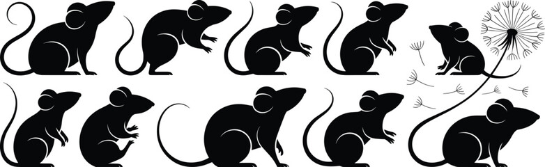 Vector silhouette mouse set, black mice with dandelion design, minimal animal illustration, cute rodent art,