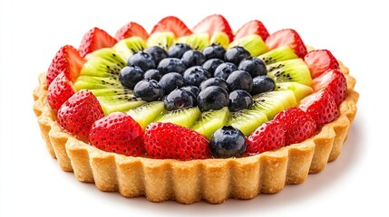 A round fruit tart with a golden crust, topped with a vibrant arrangement of sliced strawberries, kiwi, and blueberries, creating a colorful and appetizing dessert