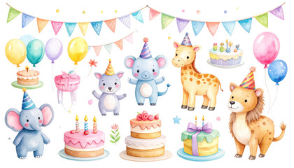 Obraz premium Clipart set of birthday elements – kids' party theme, animals wearing hats, balloons, bunting flags, and cake slices – perfect for nursery wall art and stationery