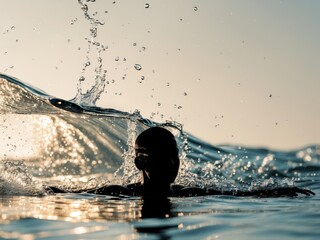 Silhouette Swimmer Emerges from Sea Water Splashes and Golden Sunlight Reflects