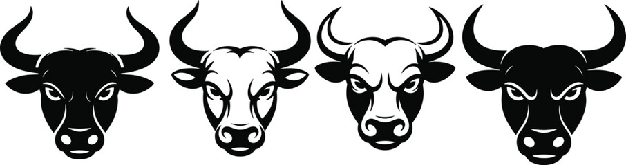 Bull head silhouette vector illustration, aggressive animal face design, strong bull graphic, horned livestock artwork