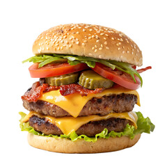 Classic cheeseburger with lettuce and tomato isolated on a transparent background