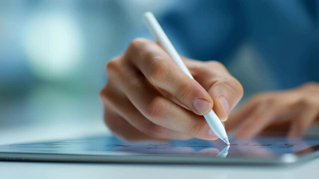 Close-up of hand sketching on tablet with stylus, focus on smooth precision strokes and reflection in screen, extreme macro with shallow depth of field