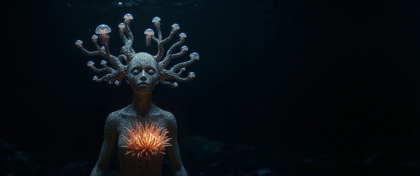 Underwater Muse. A Bioluminescent Mermaid with Jellyfish Crown, Embracing Sea Anemone.