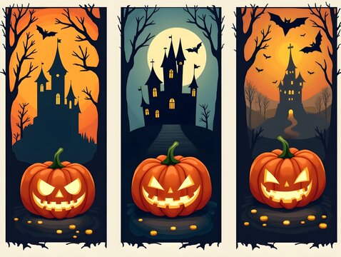3 Halloween posters with pumpkins, castles, and bats