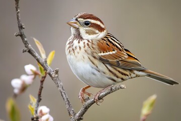 Fototapeta premium Sparrow chirps happily among blossoming branches in vibrant spring scenery, sparrow chirps among blossoming spring branches