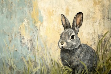 Gray rabbit resting in lush spring grass with a soft, pastel background, gray rabbit among the spring grass
