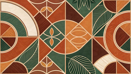 Geometric abstract art with tropical leaves and earthy tones
