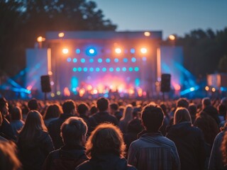Crowd Enjoying the Music Concert Under the Bright Stage Lights in the Open Air.