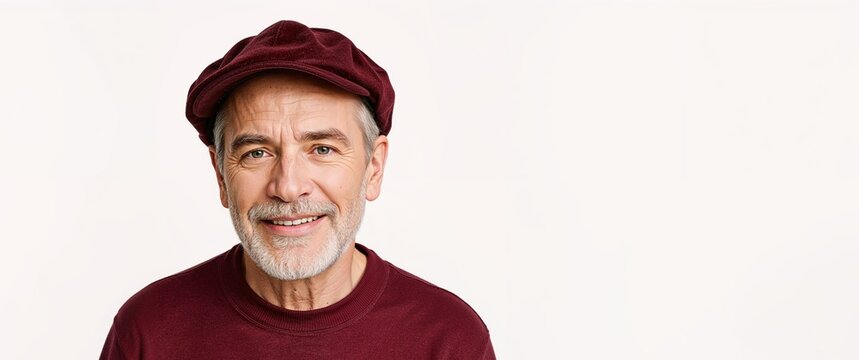 Smiling Mature Man with Gray Hair and Beard, Wearing Maroon Flat Cap and TShirt.