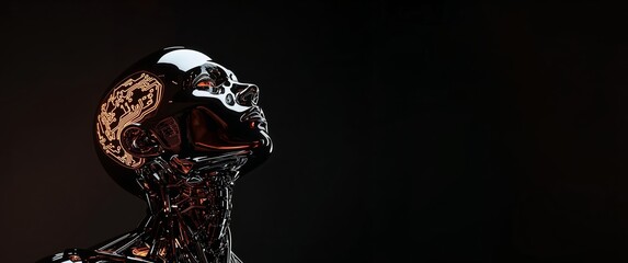 Futuristic Chrome Robot Head with Glowing Circuitry, Artificial Intelligence Concept