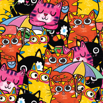 Colorful cute kitty cat cartoon seamless background