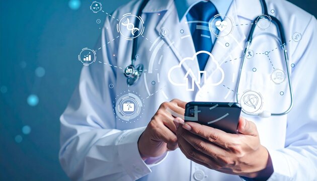 A doctor using smartphone with cloud health icons, digital cloud computing medical , telemedicine remote diagnosis, and AI healthcare technology solutions innovation data management.