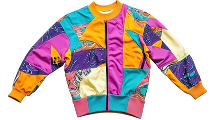 A vibrant, multicolored bomber jacket with a patchwork design featuring abstract swirling patterns in shades of orange, pink, purple, and teal.  The jacket has a zip-up front and ribbed cuffs and hem