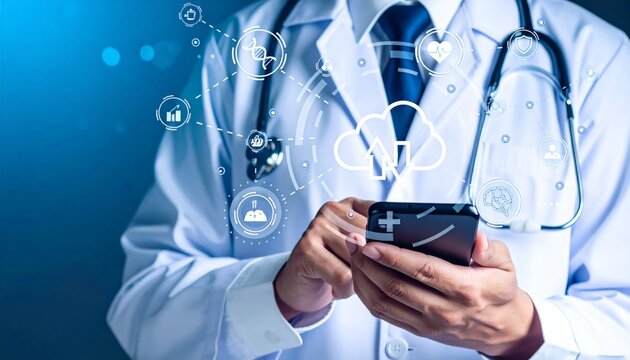 A doctor using smartphone with cloud health icons, digital cloud computing medical , telemedicine remote diagnosis, and AI healthcare technology solutions innovation data management.