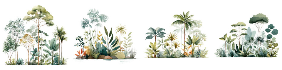 Lush tropical foliage and diverse plant life in a natural landscape