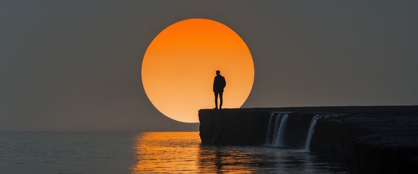 Silhouette of a Man on a Cliff Against a Giant Orange Sun Over Waterfalls. - Powered by Adobe