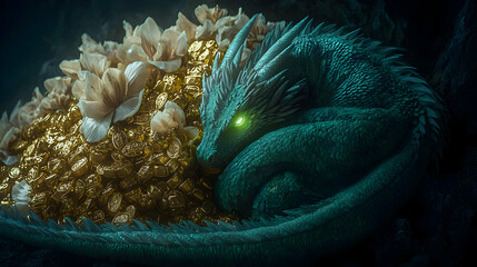 Mystical Dragon Resting On Golden Treasure