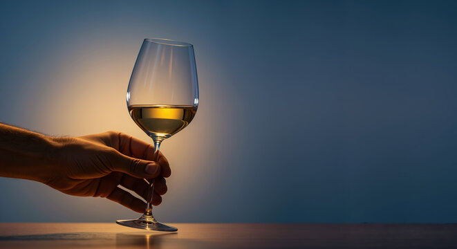 Hand holding wine glass with white wine against dramatic blue background lighting. Elegant alcohol beverage and fine dining. Restaurant and hospitality services