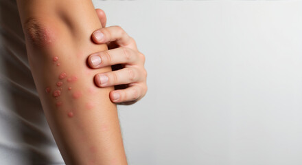 Woman scratching red skin rash on arm showing allergic reaction and inflammation. Dermatology problem requiring medical attention. Skin allergy awareness services