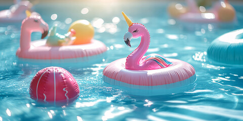 Pink flamingo unicorn inflatable floats in a swimming pool, summer fun