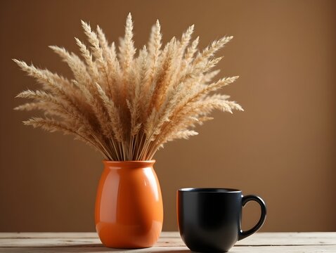 Warm, earthy tones. Dried grasses in orange vase, black mug