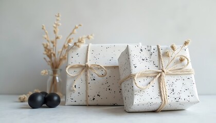 Gift box with twine, dried flowers and dark decor balls composition.
