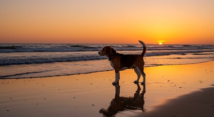 Beagle Dog Silhouette at Sunset Beach Stunning Coastal Canine Photography