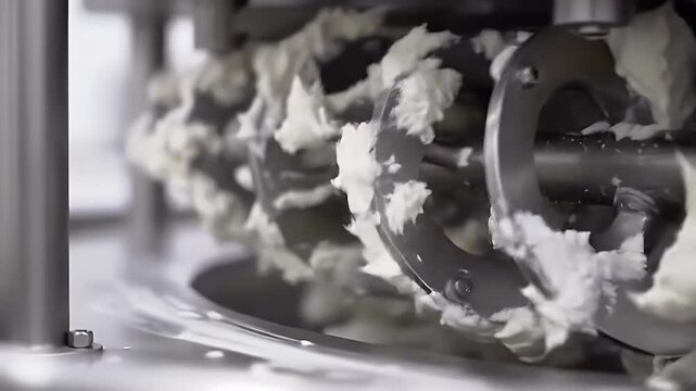 Creamy White Substance Being Mixed by Industrial Machine in Stainless Steel Setting for Food Production Processing and Manufacturing