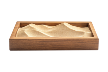 Wooden Rectangular Tray with Beige Sand Forming Smooth Curved Dunes isolated on transparent white background, clipping path