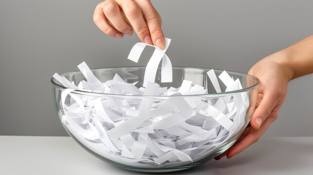 Hand reaching into a glass bowl of white slips for random winner selection in a raffle or lottery - Powered by Adobe