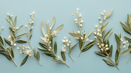 Olive Branches with Flowers on Blue Background