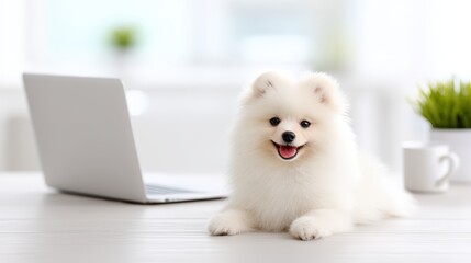 3D render of a fluffy Pomeranian with white fur, sitting happily at a desk with a laptop and coffee mug, front-facing view, morning sunlight, minimalistic office background, with a small potted plant