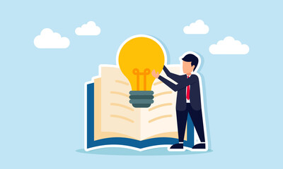 businessman holding lamp near open book illustration of literacy in finding inspiration for business ideas