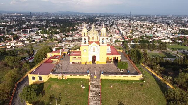 DRONE PHOTOGRAPHS OF THE CHURCH IN THE PYRAMID IN CHOLULA, PUEBLA, MEXICO
