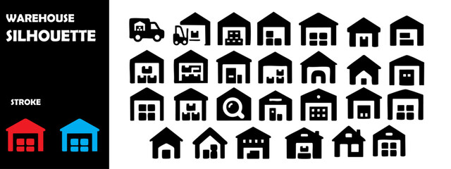 Fototapeta premium Warehouse Silhouette Vector Set – Storage, Inventory and Industrial Icons
