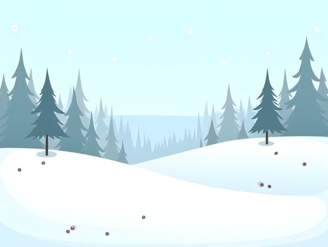 Snowy landscape featuring trees and patches of grass blanketed in white snow under a clear sky. flat illustration