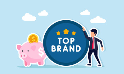 businessman beside top brand icon and piggy bank illustration of best financial insurance business