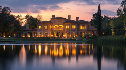Fototapeta premium A luxurious mansion illuminated by soft evening lights, its reflection shimmering on calm waters in a peaceful setting
