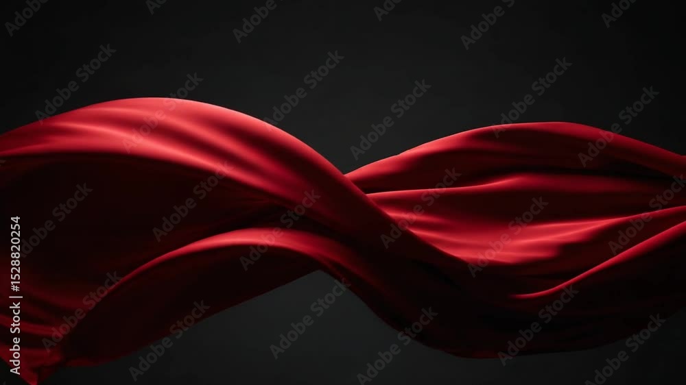 Poster flowing red fabric against dark backdrop demonstrating smooth texture and elegant motion