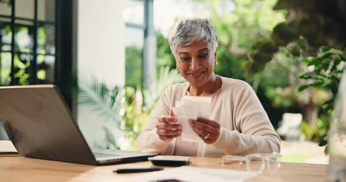 Calculator, paper and old woman with laptop for finance, debt free or happy for savings. Receipt, counting and person in retirement for budget, investment and positive credit score in home backyard
