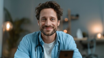 Obraz premium Young man talking to doctor on smartphone videocall, minimalist telehealth concept with clean background