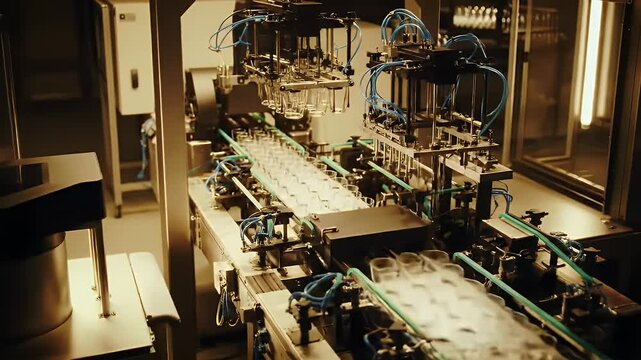 High Angle View of Automated Blister Pack Manufacturing Machine in Modern Industrial Setting Conveyor Belt and Sophisticated Warm Lighting