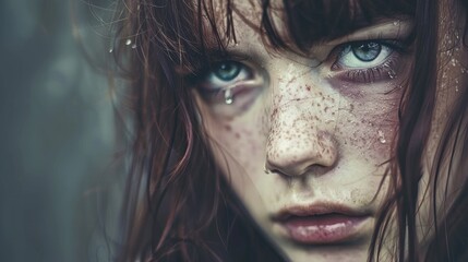 Girl with numb expression, face covered with tears and empty helpless look in eyes expressing deep sadness and emotional pain, mental health awareness and psychological trauma concept.