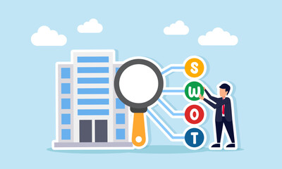 businessman arranging SWOT icons connected to magnifying glass near building illustration of research and analysis of business performance
