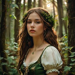 Enchanting Woman in Forest Wearing Natural Green Attire and Flowers