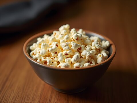 Bowl of freshly popped popcorn on a wooden table ready for movie night snacks with friends and family