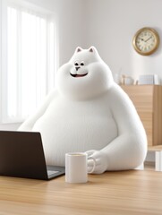 3D render of a cat with white fluffy fur, chubby and cute, happily working at a desk with a laptop and coffee mug, front view, soft morning sunlight, minimalist office background, ultra high detail,