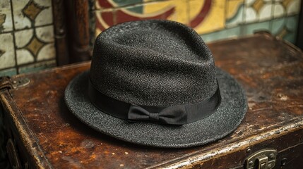 A dark grey fedora rests on a vintage suitcase